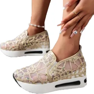 Floral Embroidery Breathable Sheer Mesh Sneakers for Women, Fashion Sequin Breathable Mesh Slip on Platform Sneakers