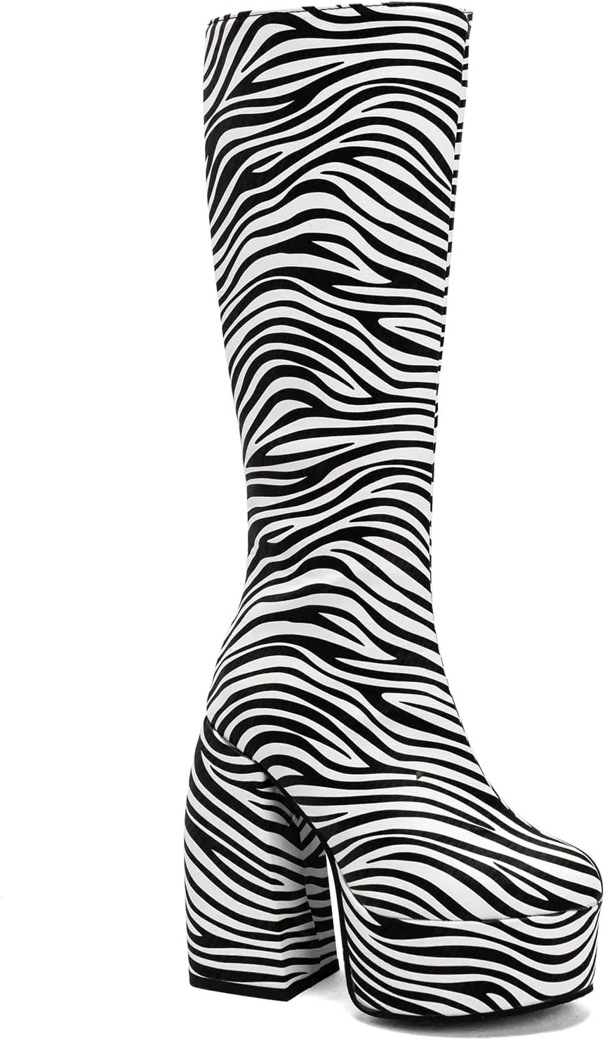 FOWT Spring Chic Embossed Knee High Boots Sexy Platform Round Closed Toe Block High Heel Long Boots Comfort Side Zipper Shoes for Ladies US Size 4-15 M