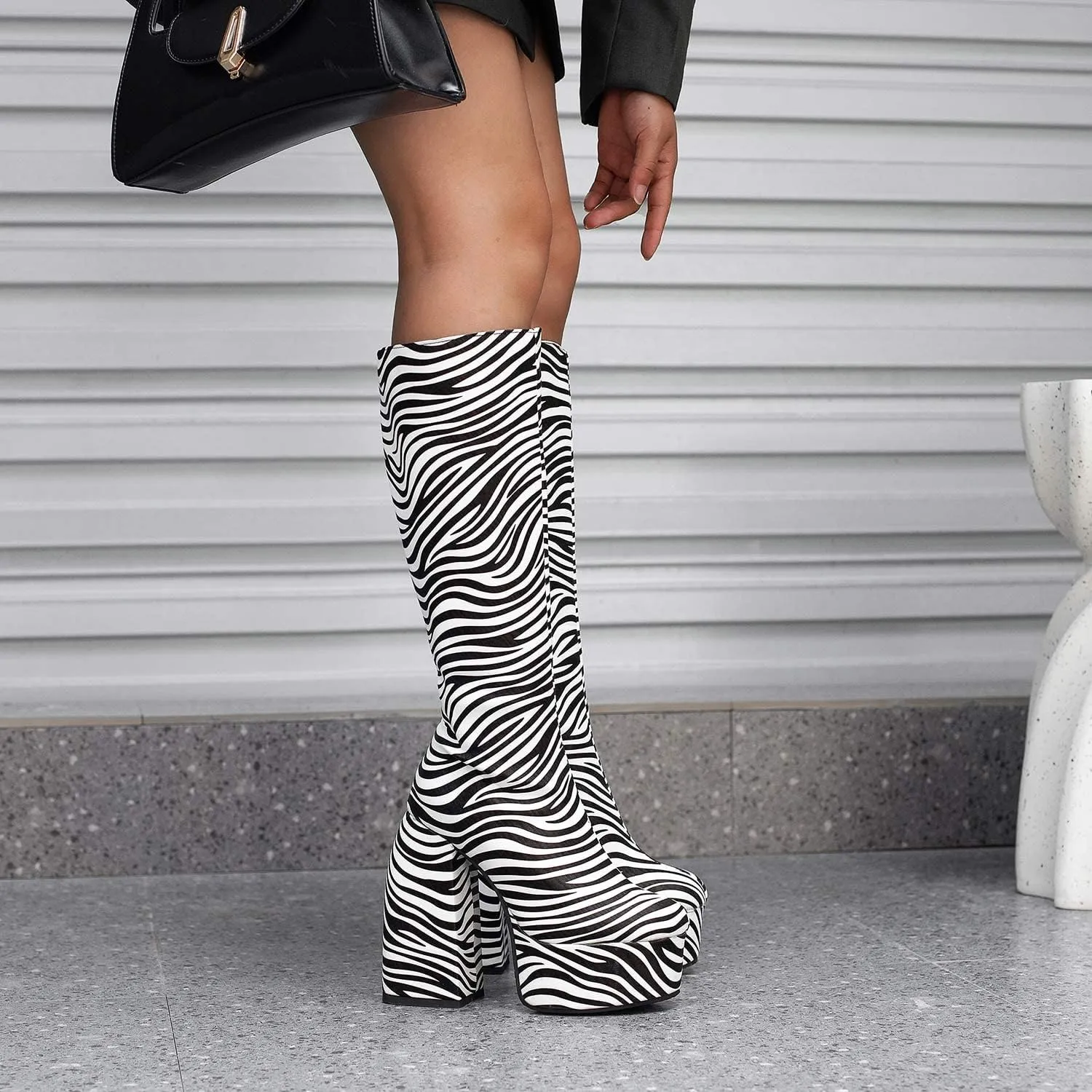 FOWT Spring Chic Embossed Knee High Boots Sexy Platform Round Closed Toe Block High Heel Long Boots Comfort Side Zipper Shoes for Ladies US Size 4-15 M