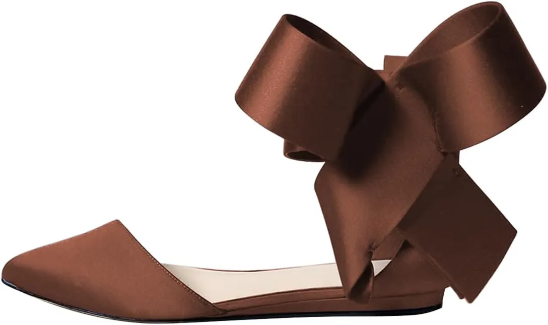 FSJ Women Chic Closed Pointed Toe D'Orsay Ankle Strap Ballet Flats Shoes Large Side Bows Comfortable Shoes Size 4-16 US