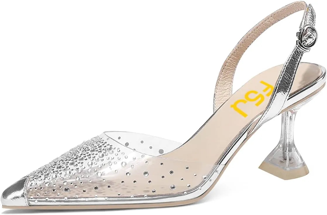 FSJ Women Crystal Studded Clear Pumps Sparkle Rhinestones Mid Low Heel Sandals Slingback D'orsay Pointed Toe Wedding Shoes Size 4-15 US