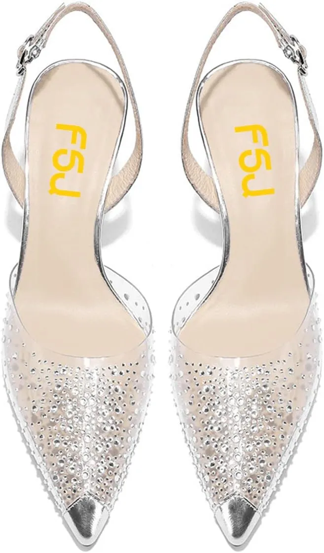 FSJ Women Crystal Studded Clear Pumps Sparkle Rhinestones Mid Low Heel Sandals Slingback D'orsay Pointed Toe Wedding Shoes Size 4-15 US