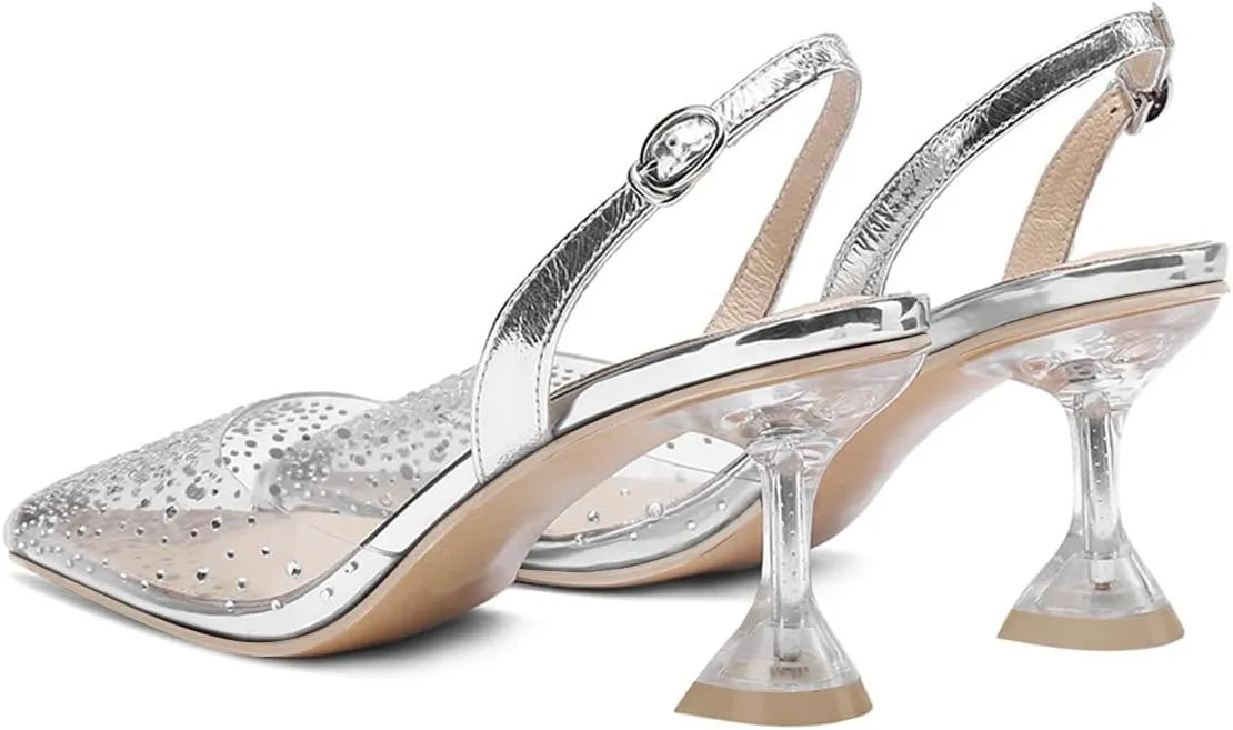 FSJ Women Crystal Studded Clear Pumps Sparkle Rhinestones Mid Low Heel Sandals Slingback D'orsay Pointed Toe Wedding Shoes Size 4-15 US