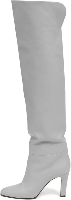 FSJ Women Over The Knee Boots Comfy Wrinkled Cutout High Chunky Heels Square Toe Fancy Pull On Office Shoe Size 4-15 US
