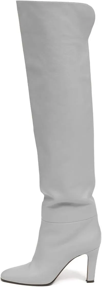 FSJ Women Over The Knee Boots Comfy Wrinkled Cutout High Chunky Heels Square Toe Fancy Pull On Office Shoe Size 4-15 US