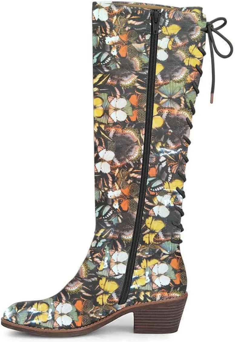 FSJ Women Retro Knee High Combat Boots Stacked Block Heels Almond Toe Lace-up Zipper Party Winter Boots Shoe Size 4-15 US