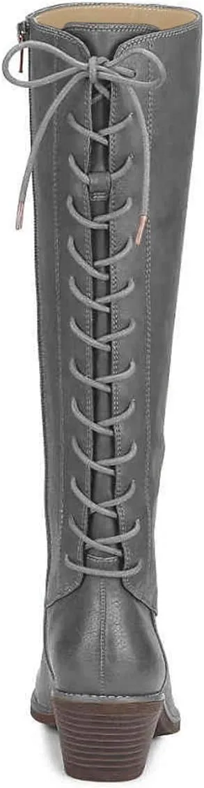 FSJ Women Retro Knee High Combat Boots Stacked Block Heels Almond Toe Lace-up Zipper Party Winter Boots Shoe Size 4-15 US