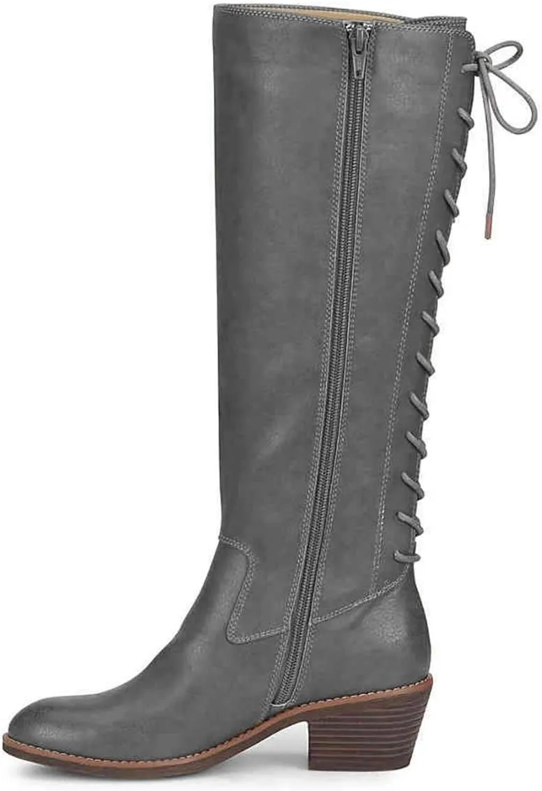 FSJ Women Retro Knee High Combat Boots Stacked Block Heels Almond Toe Lace-up Zipper Party Winter Boots Shoe Size 4-15 US