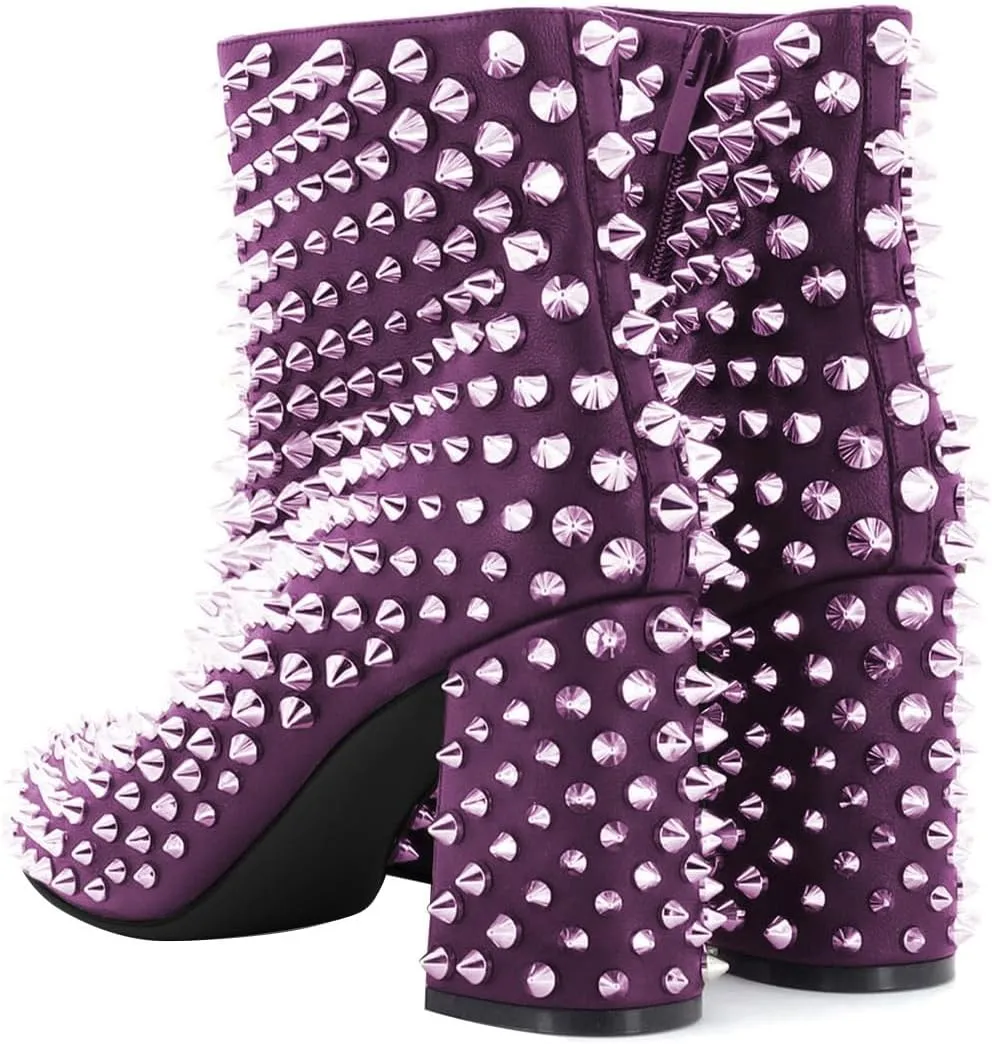 FSJ Women Round Toe Studded Chunky Heel Ankle Boots Side Zipper Sexy High Block Heel Rivets Bootie Fashion Party Dressy Shoes Size 4-16 US