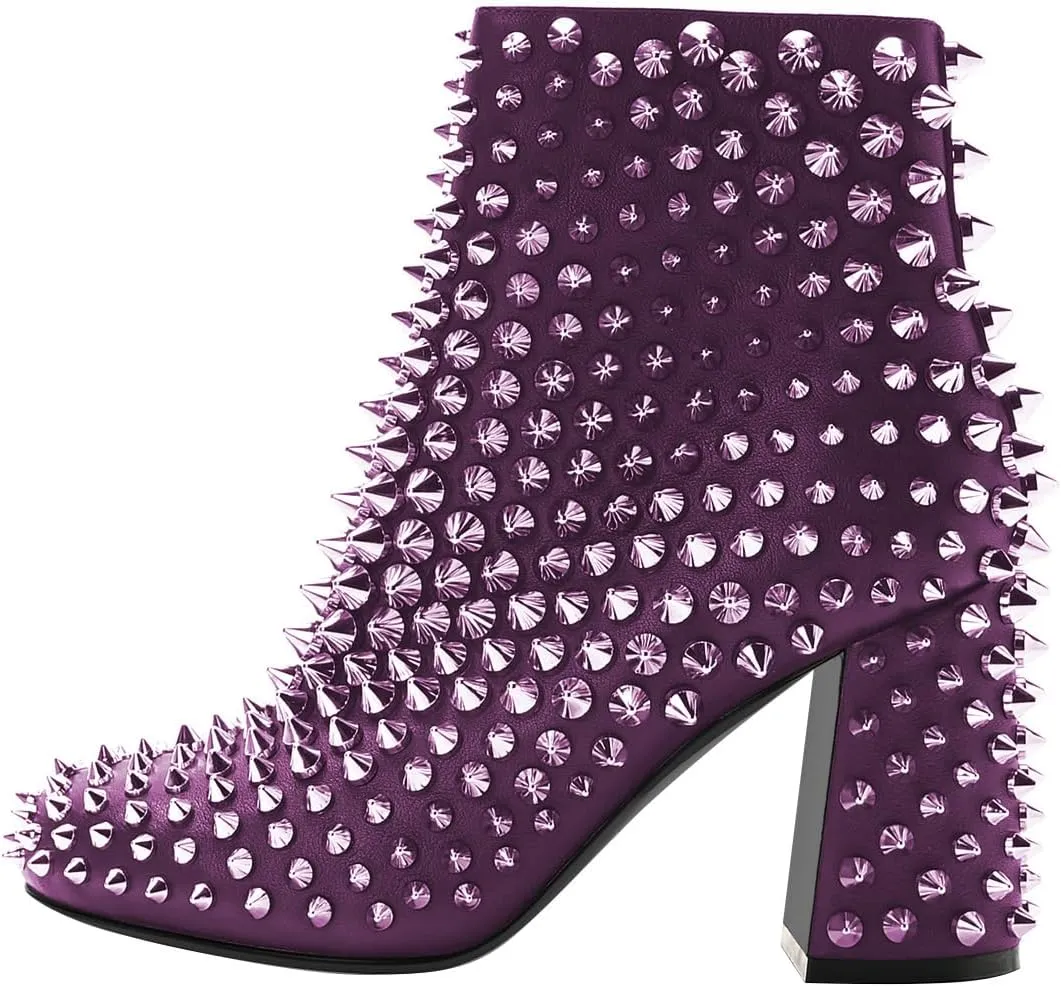 FSJ Women Round Toe Studded Chunky Heel Ankle Boots Side Zipper Sexy High Block Heel Rivets Bootie Fashion Party Dressy Shoes Size 4-16 US