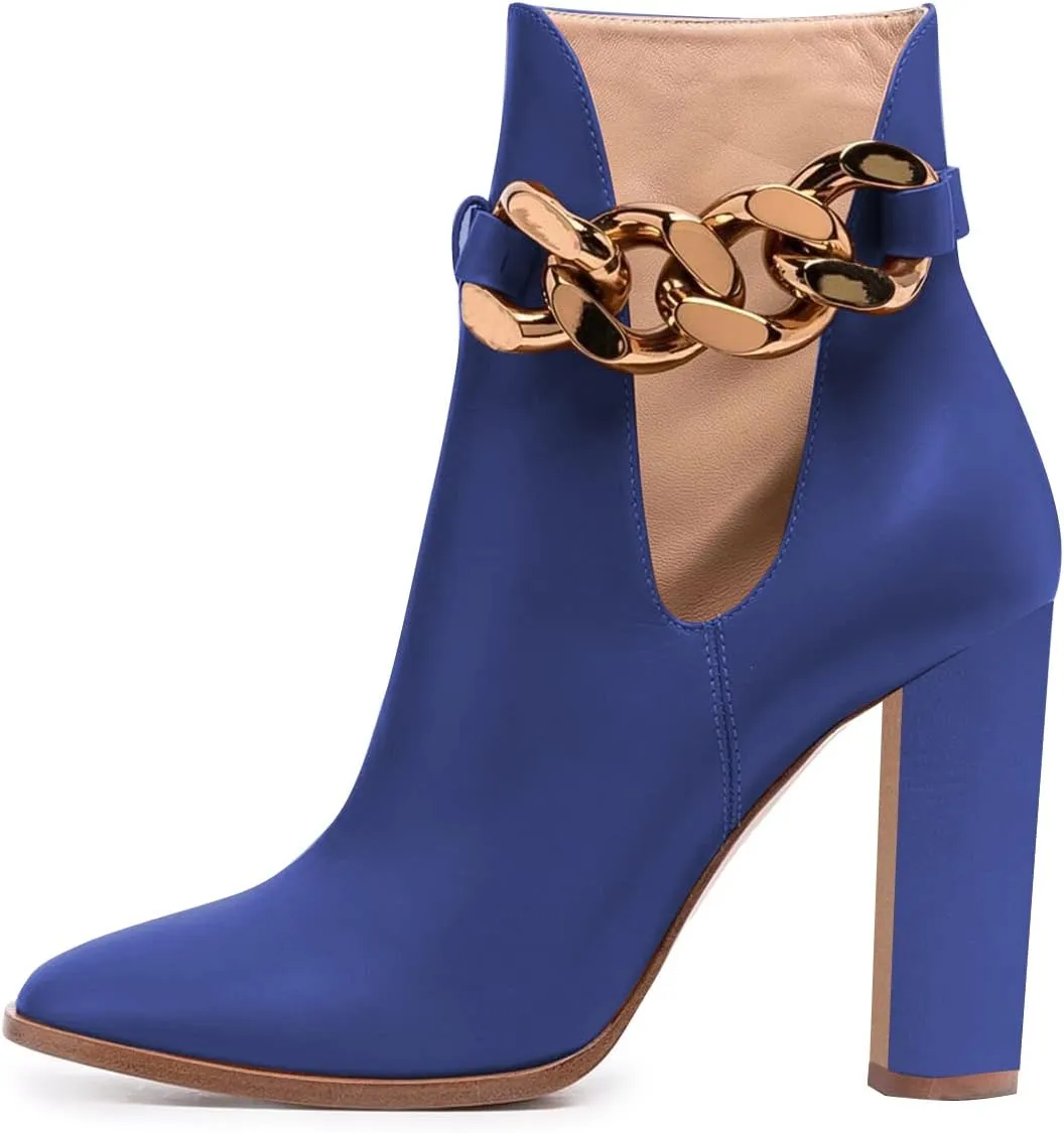 FSJ Women Side Cutout Pointed Toe Ankle Boots Block Stacked Chunky Heel Comfy Adjustable Chain Straps Buckle Fashion Booties Size 4-15 US