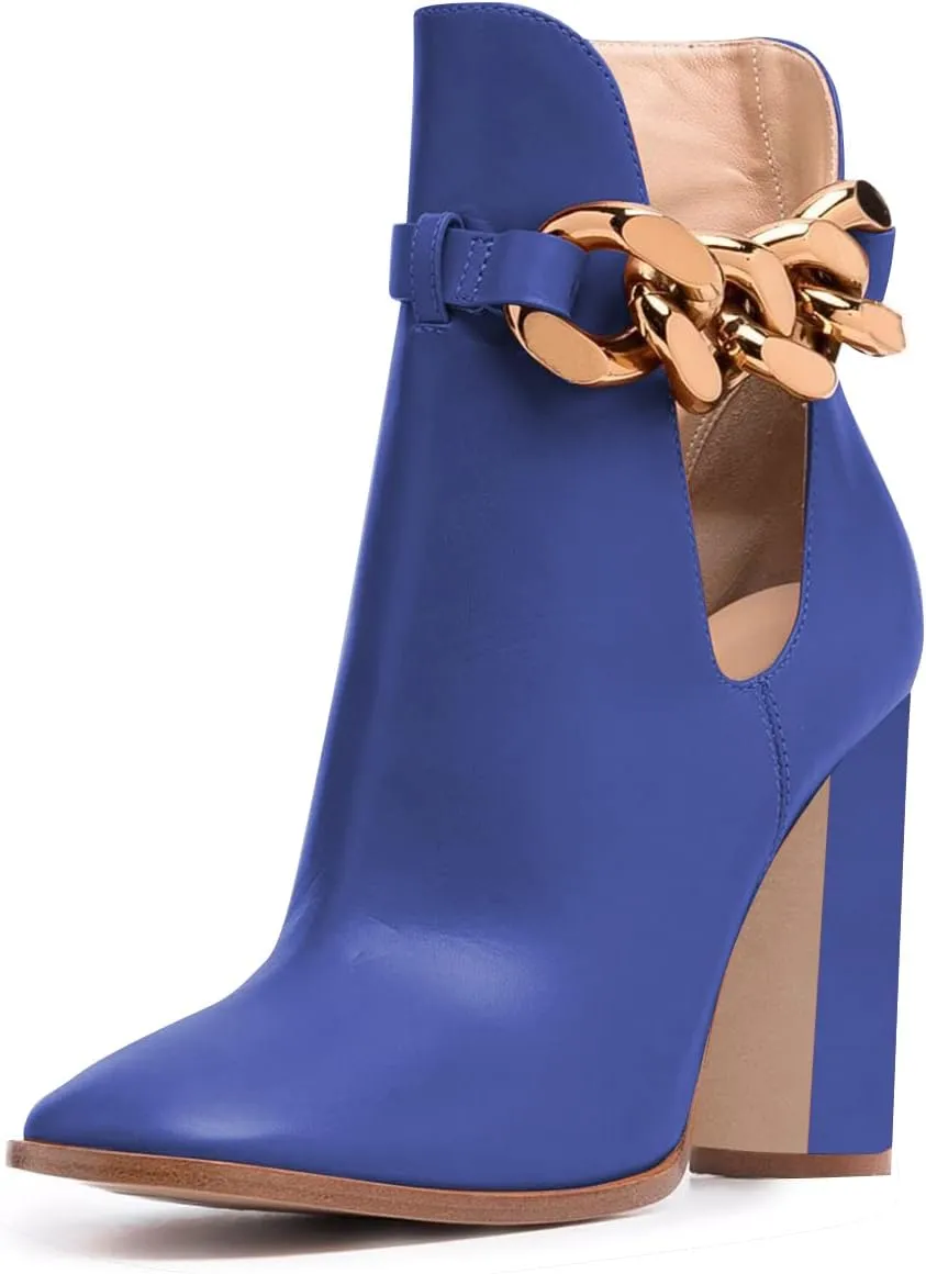 FSJ Women Side Cutout Pointed Toe Ankle Boots Block Stacked Chunky Heel Comfy Adjustable Chain Straps Buckle Fashion Booties Size 4-15 US