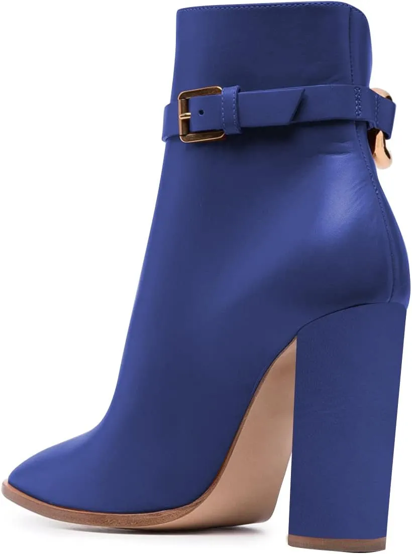 FSJ Women Side Cutout Pointed Toe Ankle Boots Block Stacked Chunky Heel Comfy Adjustable Chain Straps Buckle Fashion Booties Size 4-15 US