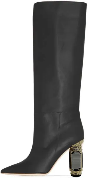 FSJ Women Trendy Studded Knee High Stretch Long Boots Pointed Toe Crystal Block Chunky Heel Comfort Winter Warm Faux Suede Pull On Shoes Size 4-15 US