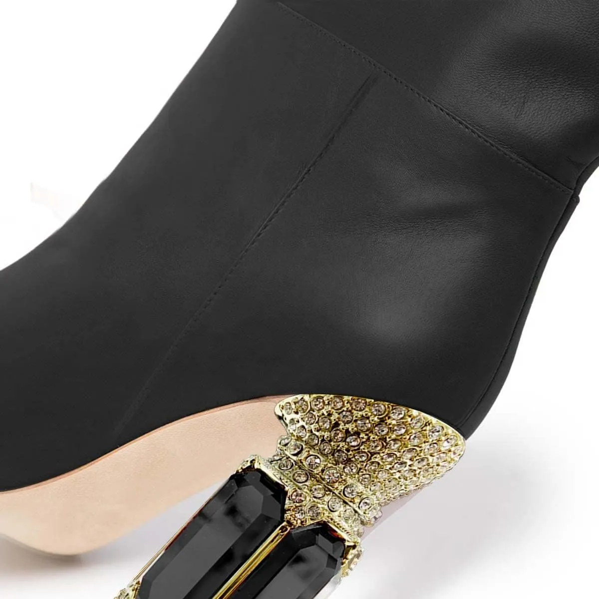 FSJ Women Trendy Studded Knee High Stretch Long Boots Pointed Toe Crystal Block Chunky Heel Comfort Winter Warm Faux Suede Pull On Shoes Size 4-15 US