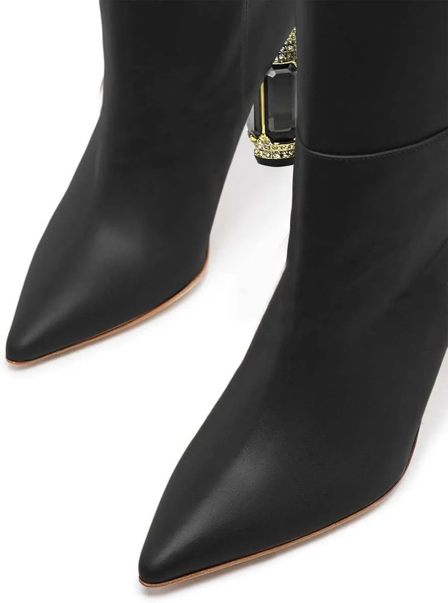 FSJ Women Trendy Studded Knee High Stretch Long Boots Pointed Toe Crystal Block Chunky Heel Comfort Winter Warm Faux Suede Pull On Shoes Size 4-15 US