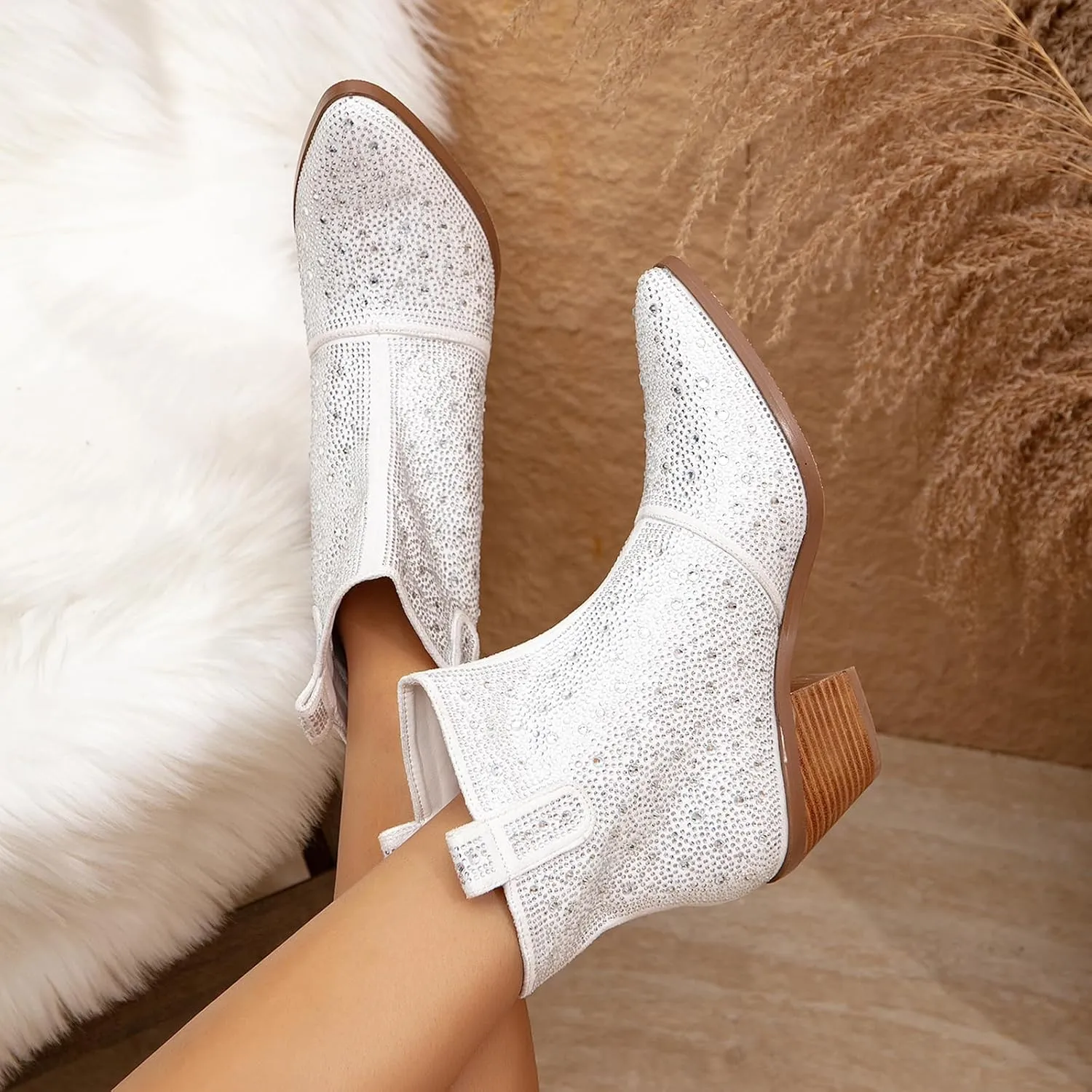 GATUXUS Women's Chunky Heels Rhinestone Ankle Boots Sparkly Pointed Toe Western Cowboy Mid Calf Booties Winter Shoes
