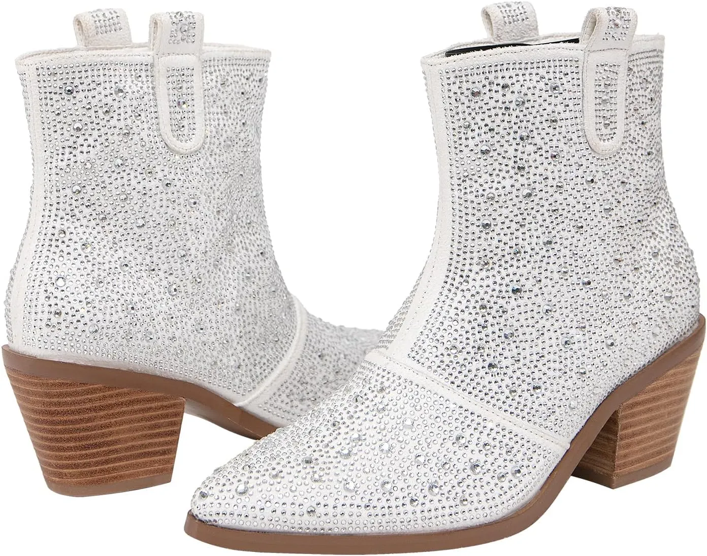 GATUXUS Women's Chunky Heels Rhinestone Ankle Boots Sparkly Pointed Toe Western Cowboy Mid Calf Booties Winter Shoes