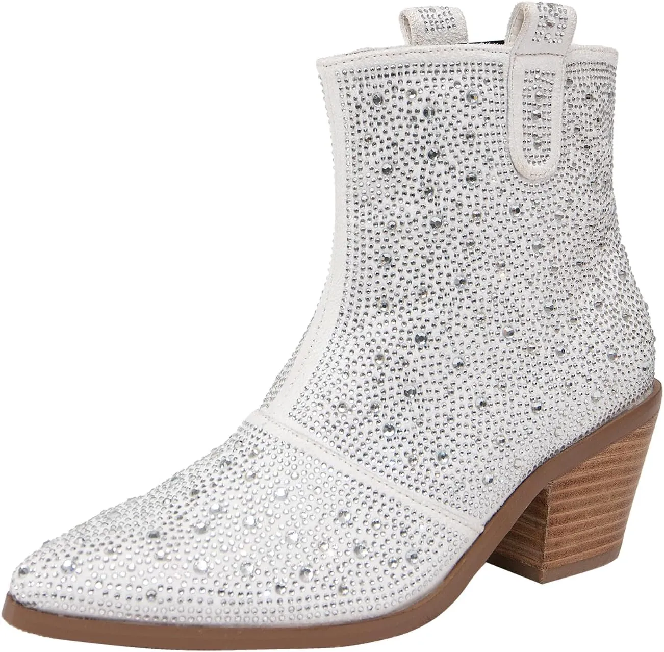 GATUXUS Women's Chunky Heels Rhinestone Ankle Boots Sparkly Pointed Toe Western Cowboy Mid Calf Booties Winter Shoes