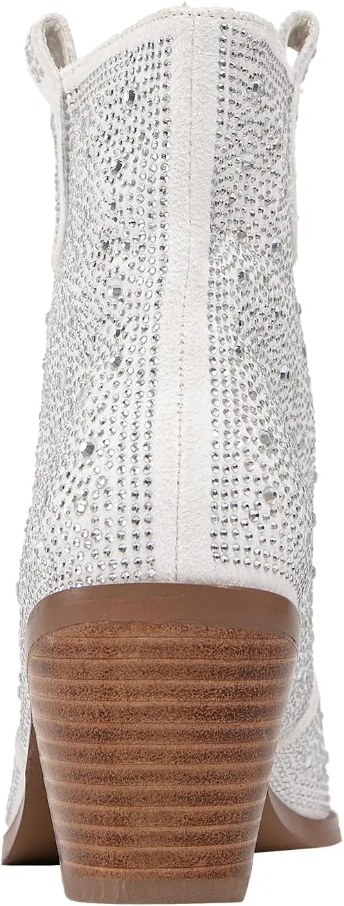 GATUXUS Women's Chunky Heels Rhinestone Ankle Boots Sparkly Pointed Toe Western Cowboy Mid Calf Booties Winter Shoes