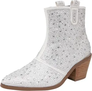 GATUXUS Women's Chunky Heels Rhinestone Ankle Boots Sparkly Pointed Toe Western Cowboy Mid Calf Booties Winter Shoes