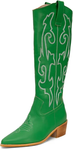 getmorebeauty Women's Western Cowboy Boots Knee-High Black Leather Embroidered Pointed Toe Chunky Heel Slip On Fashion Chevalier Boots