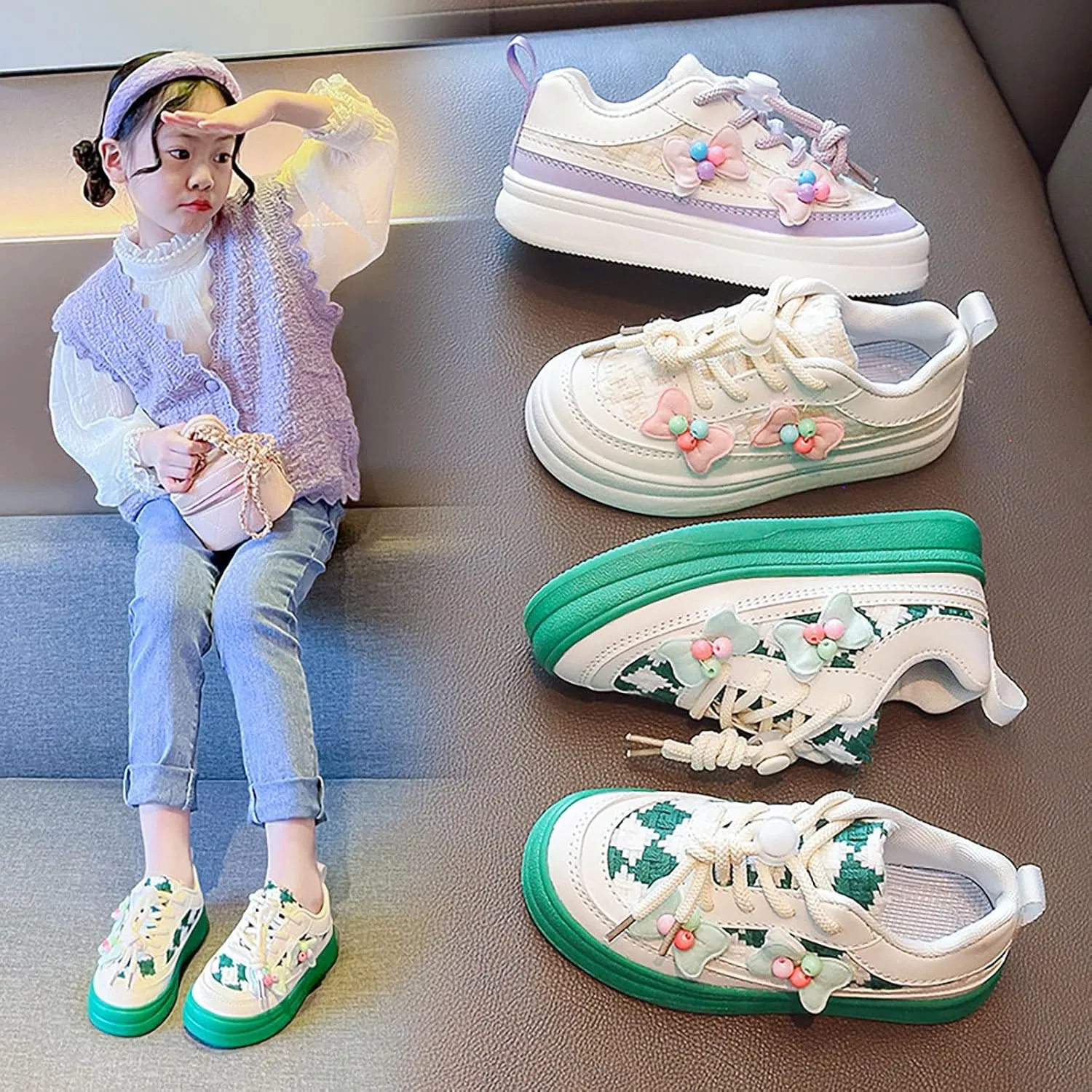 Girls' Bowknot White Sneaker Toddler Kids Casual Breathable Shoes for Little Kid Tennis Running Lace Up Spring Shoes