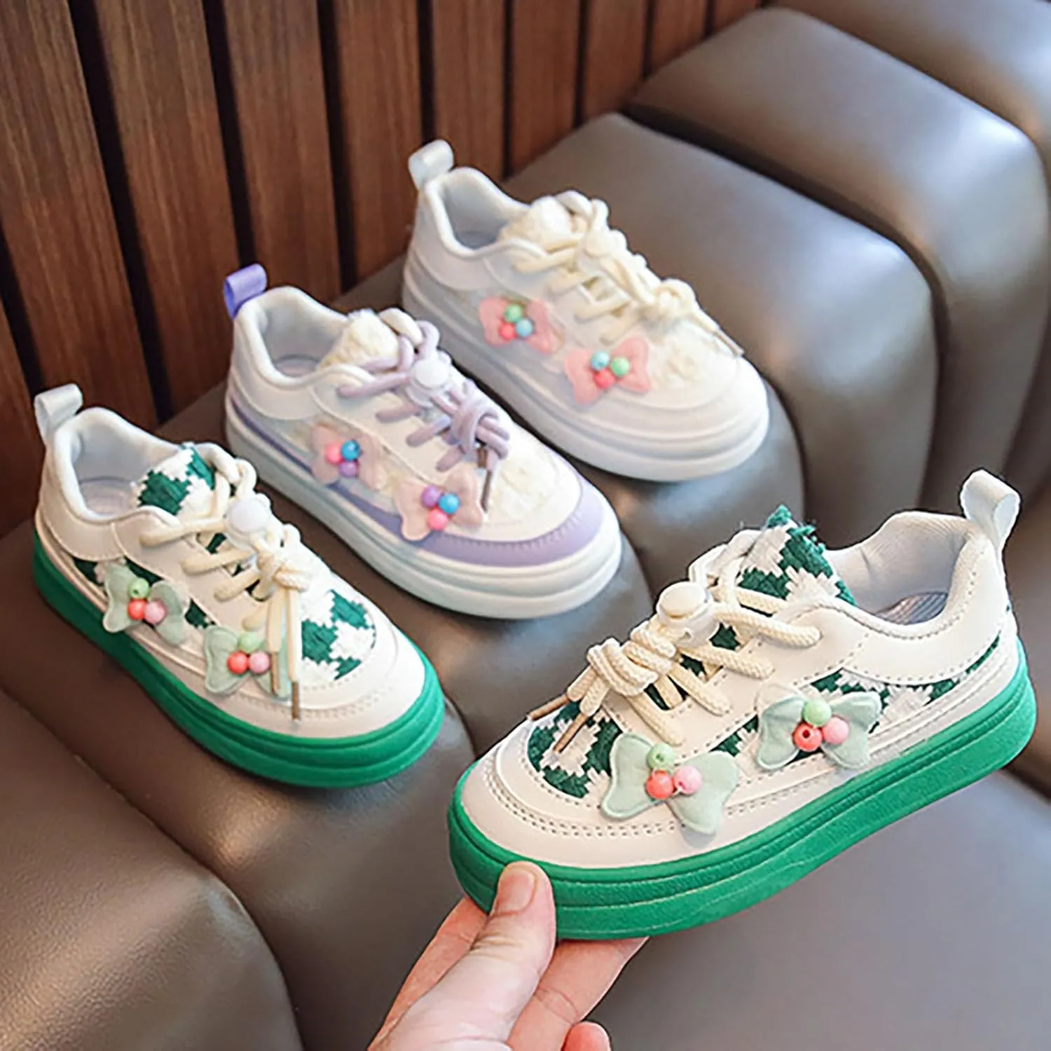 Girls' Bowknot White Sneaker Toddler Kids Casual Breathable Shoes for Little Kid Tennis Running Lace Up Spring Shoes