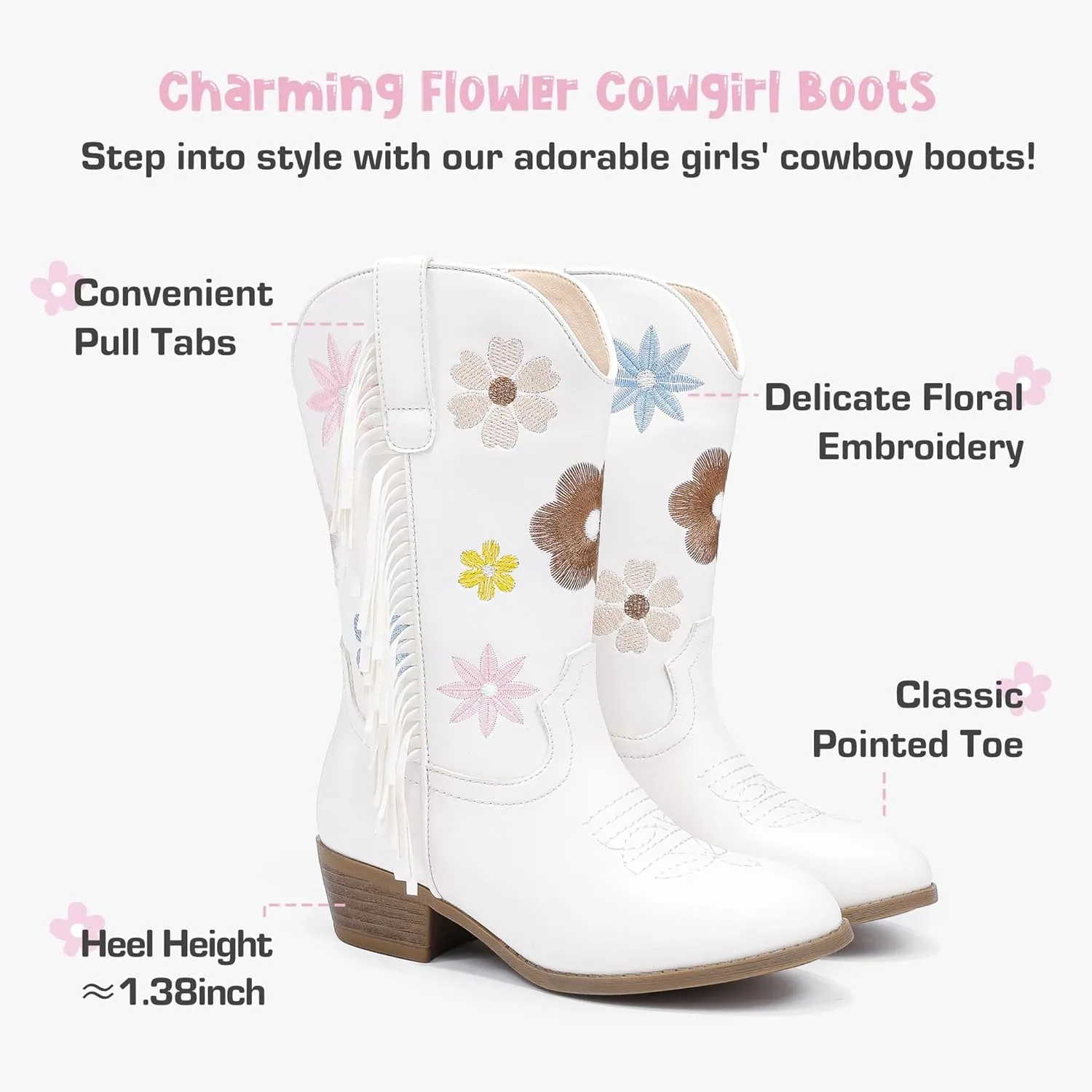 Girls Cowboy Boots Toddler Cowgirl Floral Embroidered Fringe Little Kids Western Boots Girl Riding Boot Birthday Party