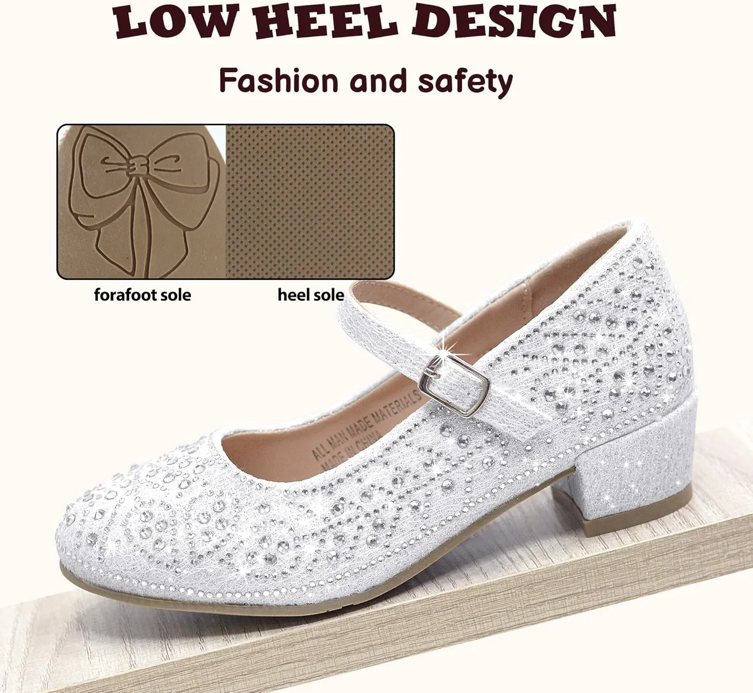 Girls Dress Shoes Mary Jane Low Heel Princess Flower Wedding Flats Glitter Shoes for Toddler/Little Kid/Big Kids