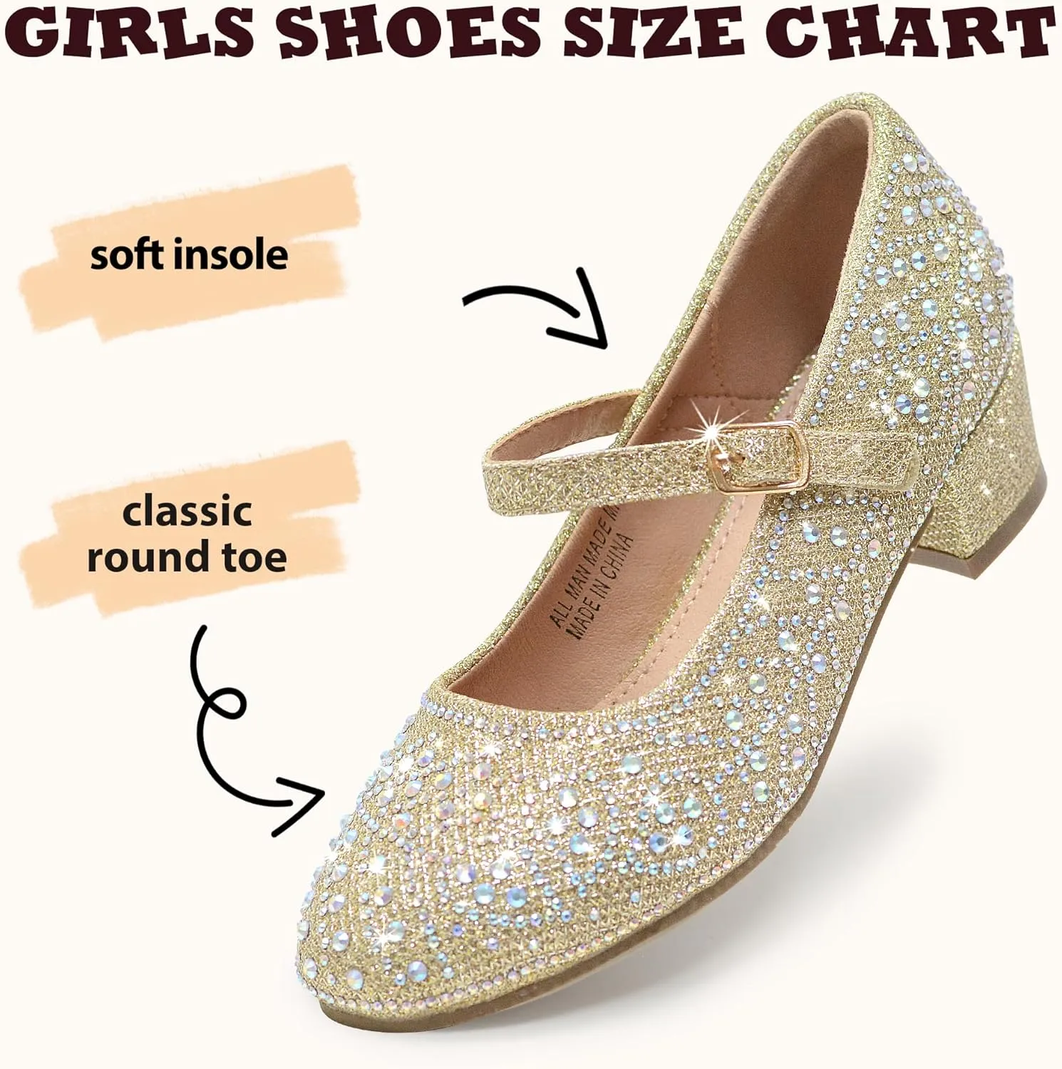 Girls Dress Shoes Mary Jane Low Heel Princess Flower Wedding Flats Glitter Shoes for Toddler/Little Kid/Big Kids