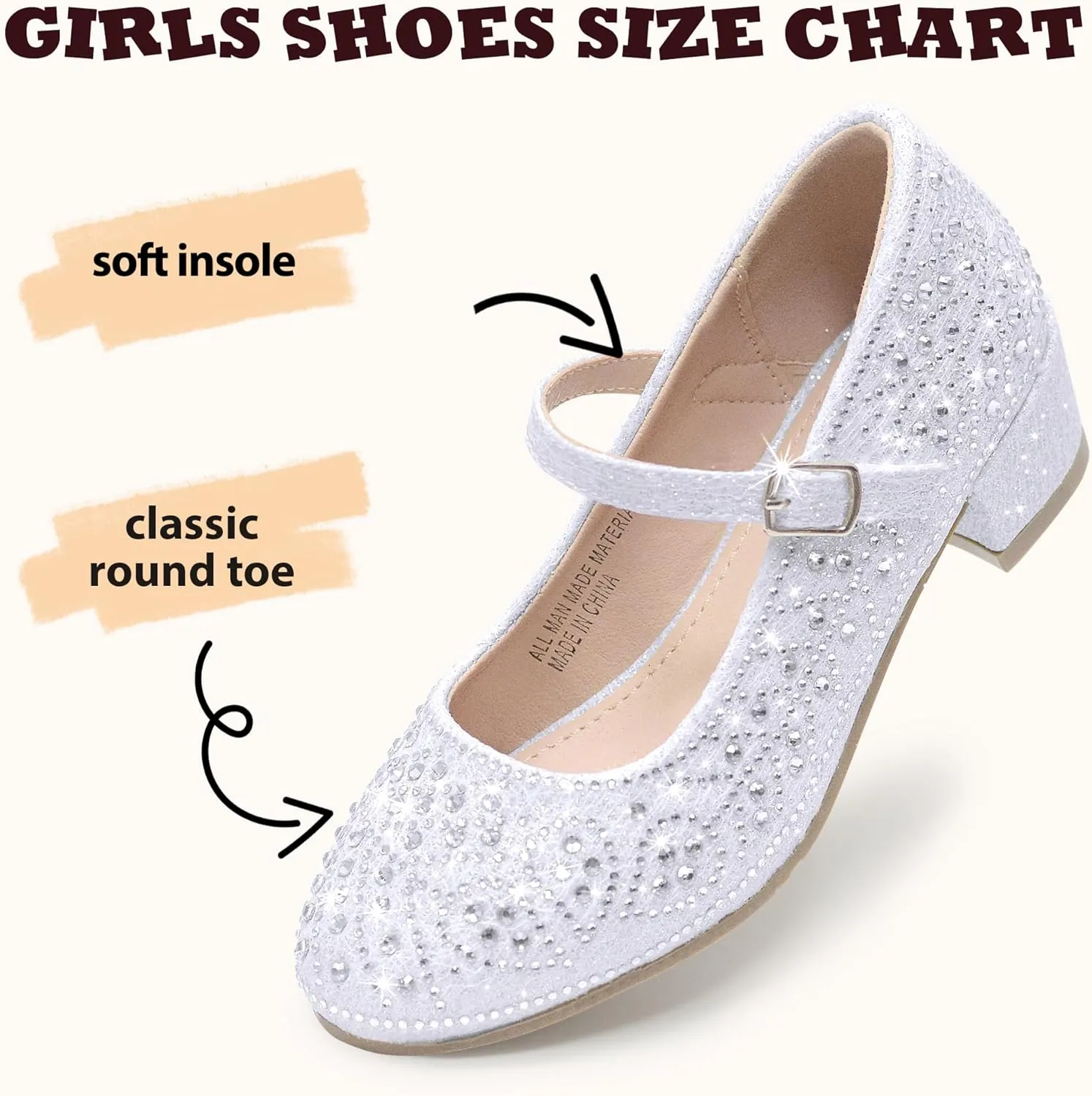 Girls Dress Shoes Mary Jane Low Heel Princess Flower Wedding Flats Glitter Shoes for Toddler/Little Kid/Big Kids