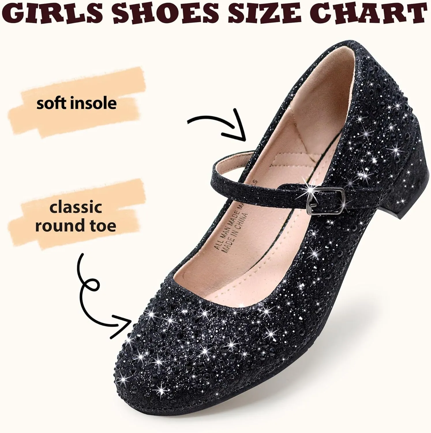 Girls Dress Shoes Mary Jane Low Heel Princess Flower Wedding Flats Glitter Shoes for Toddler/Little Kid/Big Kids