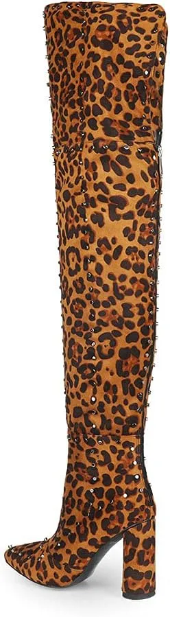 Goolita Women's Suede Chunky Heel Over Knee Boots Rivet Pointed Toe Back Zipper Thigh High Boots Keep Warm Long Boots