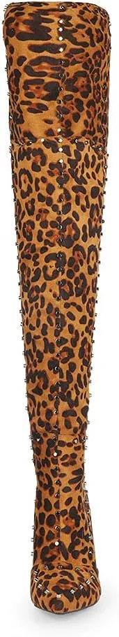 Goolita Women's Suede Chunky Heel Over Knee Boots Rivet Pointed Toe Back Zipper Thigh High Boots Keep Warm Long Boots
