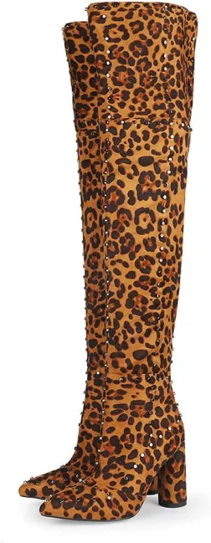 Goolita Women's Suede Chunky Heel Over Knee Boots Rivet Pointed Toe Back Zipper Thigh High Boots Keep Warm Long Boots