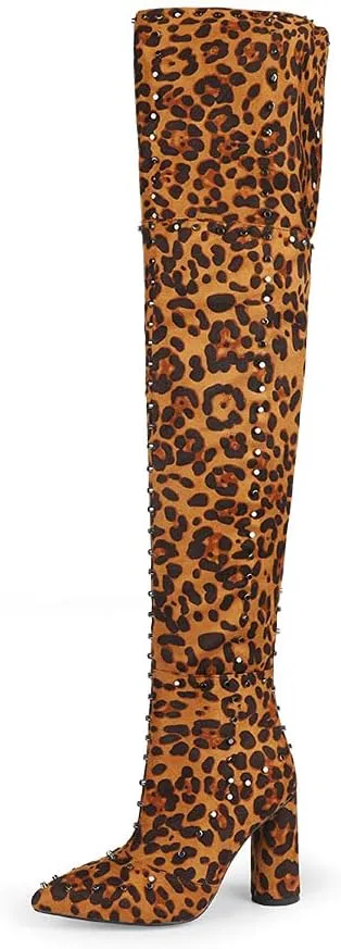 Goolita Women's Suede Chunky Heel Over Knee Boots Rivet Pointed Toe Back Zipper Thigh High Boots Keep Warm Long Boots