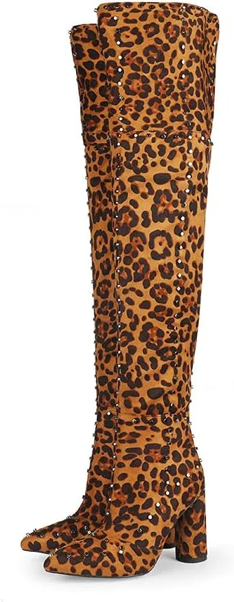 Goolita Women's Suede Chunky Heel Over Knee Boots Rivet Pointed Toe Back Zipper Thigh High Boots Keep Warm Long Boots