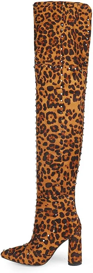 Goolita Women's Suede Chunky Heel Over Knee Boots Rivet Pointed Toe Back Zipper Thigh High Boots Keep Warm Long Boots
