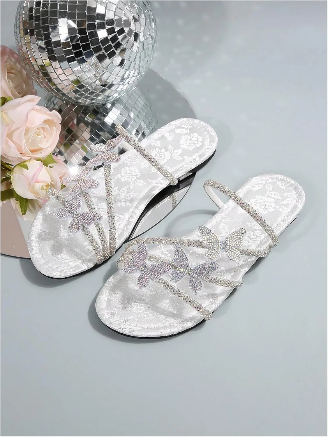 GORGLITTER Women's Butterfly Sandals Dressy Cute Strappy Glitter Rhinestone Open Toe Slides Wedding Bridal Flats Sandal