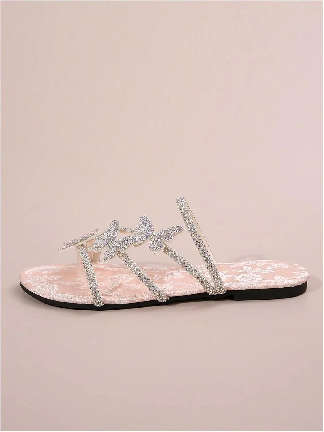 GORGLITTER Women's Butterfly Sandals Dressy Cute Strappy Glitter Rhinestone Open Toe Slides Wedding Bridal Flats Sandal