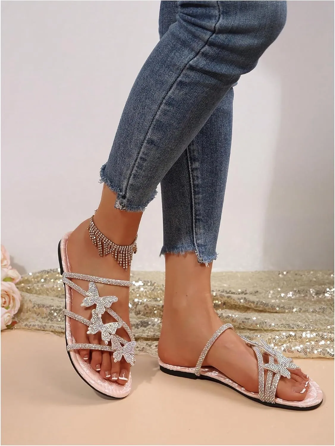 GORGLITTER Women's Butterfly Sandals Dressy Cute Strappy Glitter Rhinestone Open Toe Slides Wedding Bridal Flats Sandal