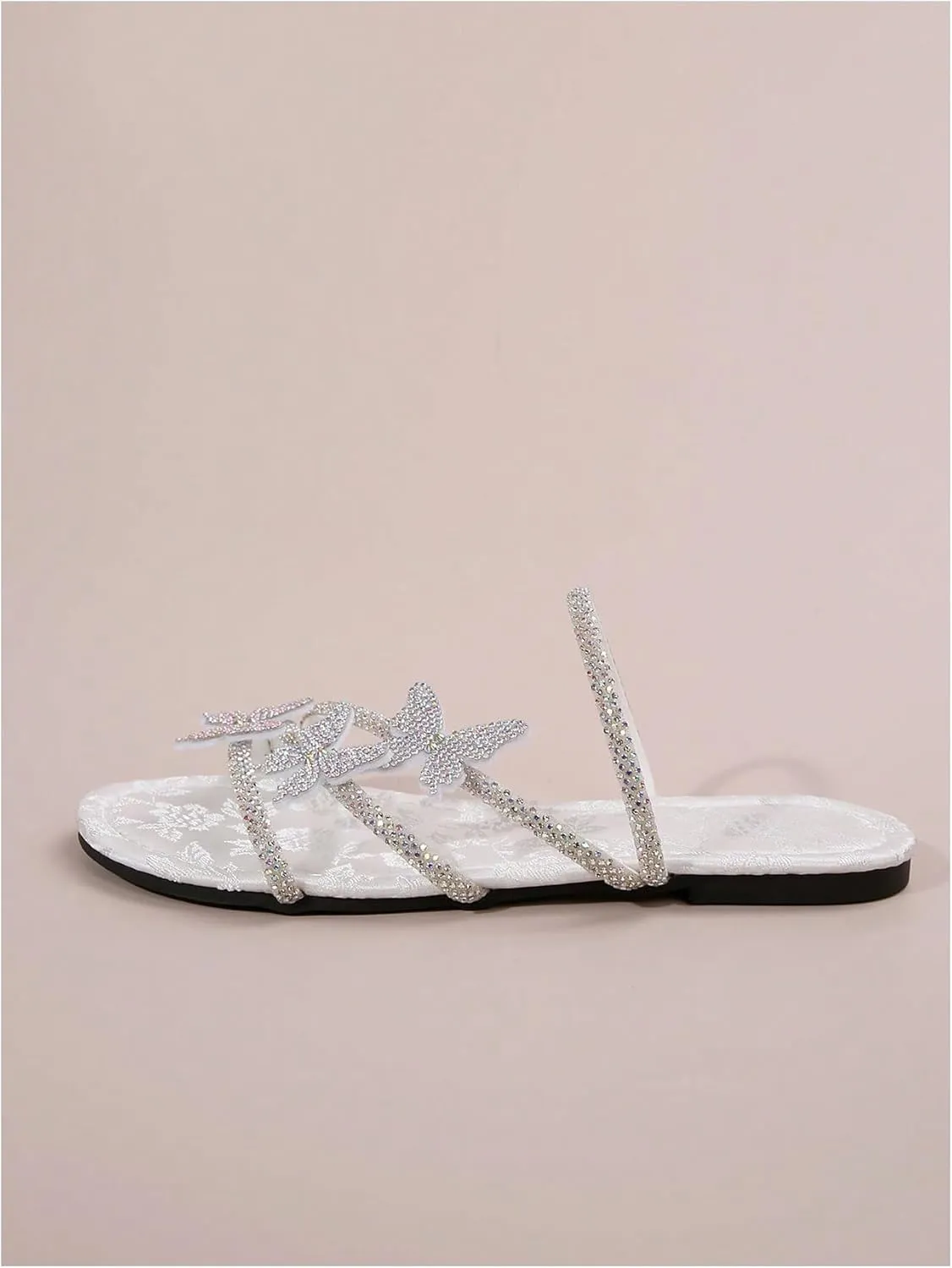 GORGLITTER Women's Butterfly Sandals Dressy Cute Strappy Glitter Rhinestone Open Toe Slides Wedding Bridal Flats Sandal