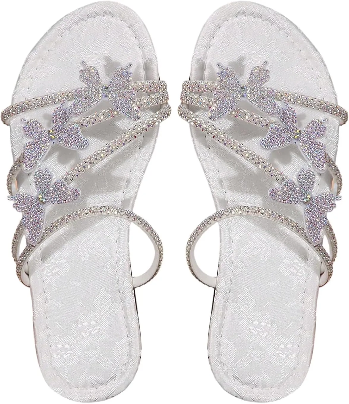 GORGLITTER Women's Butterfly Sandals Dressy Cute Strappy Glitter Rhinestone Open Toe Slides Wedding Bridal Flats Sandal