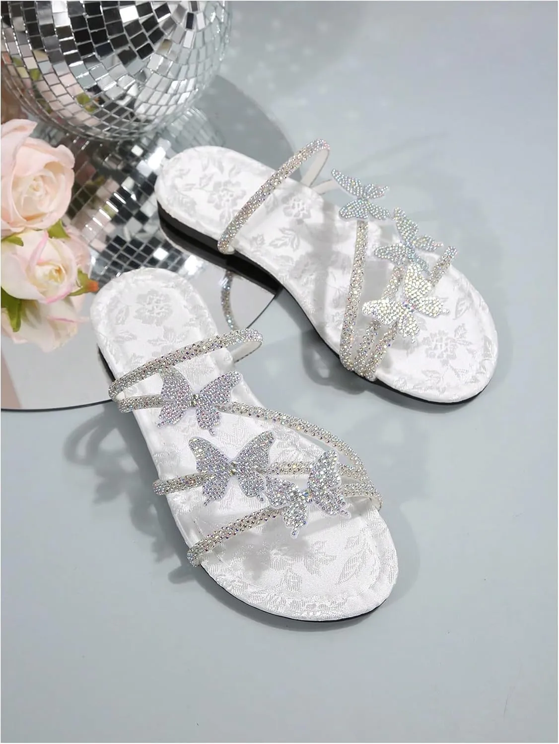 GORGLITTER Women's Butterfly Sandals Dressy Cute Strappy Glitter Rhinestone Open Toe Slides Wedding Bridal Flats Sandal