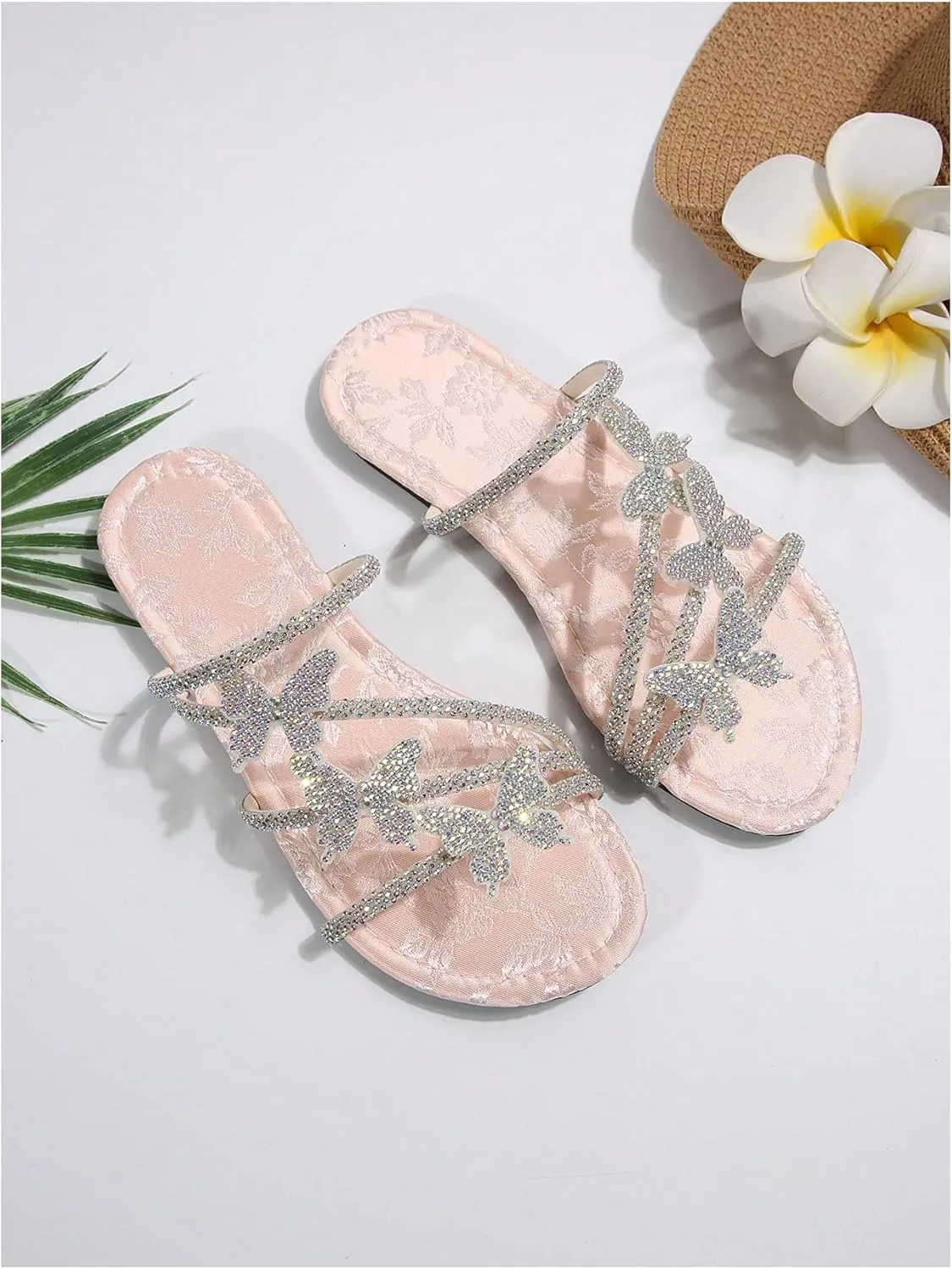 GORGLITTER Women's Butterfly Sandals Dressy Cute Strappy Glitter Rhinestone Open Toe Slides Wedding Bridal Flats Sandal