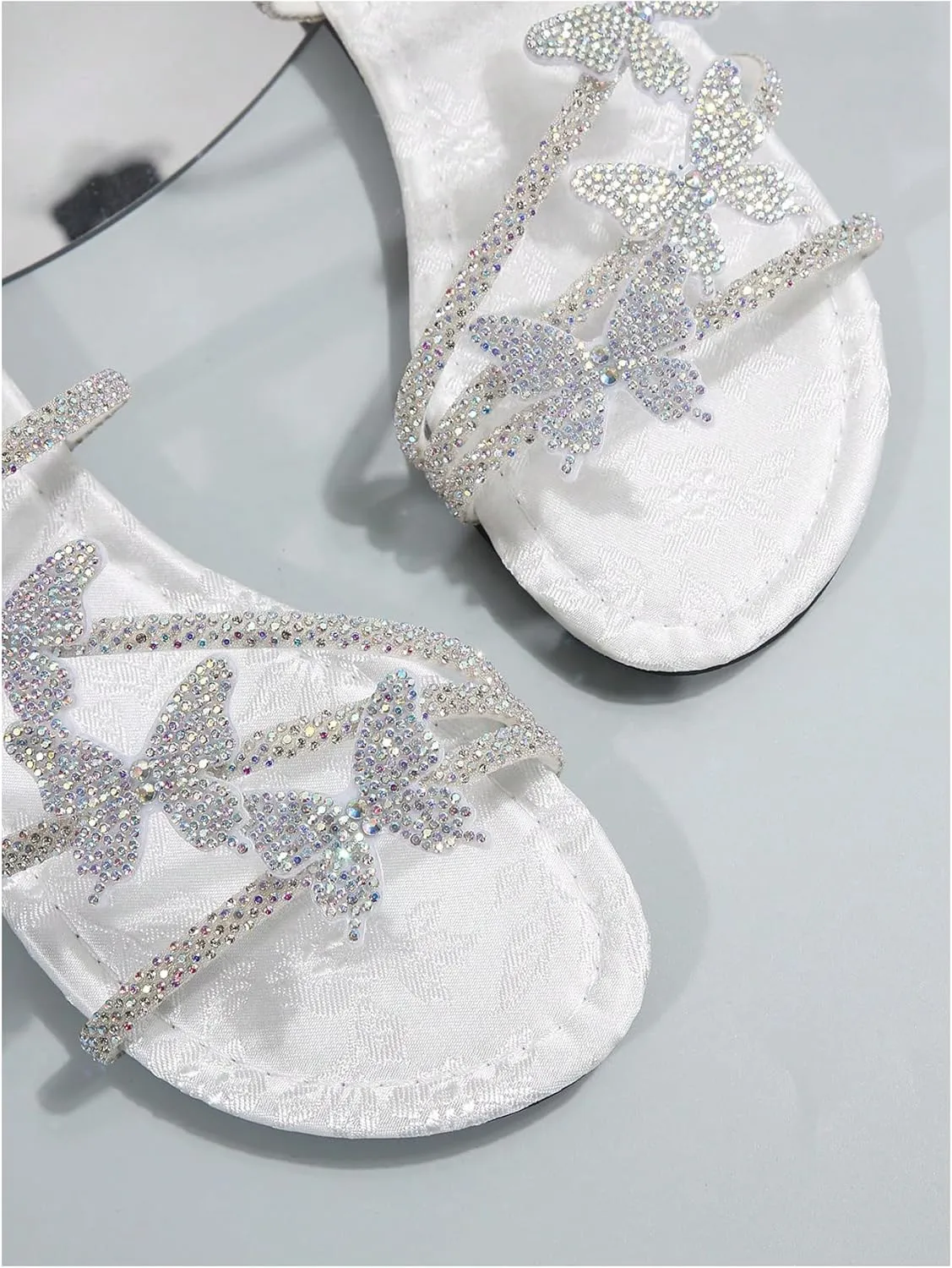 GORGLITTER Women's Butterfly Sandals Dressy Cute Strappy Glitter Rhinestone Open Toe Slides Wedding Bridal Flats Sandal