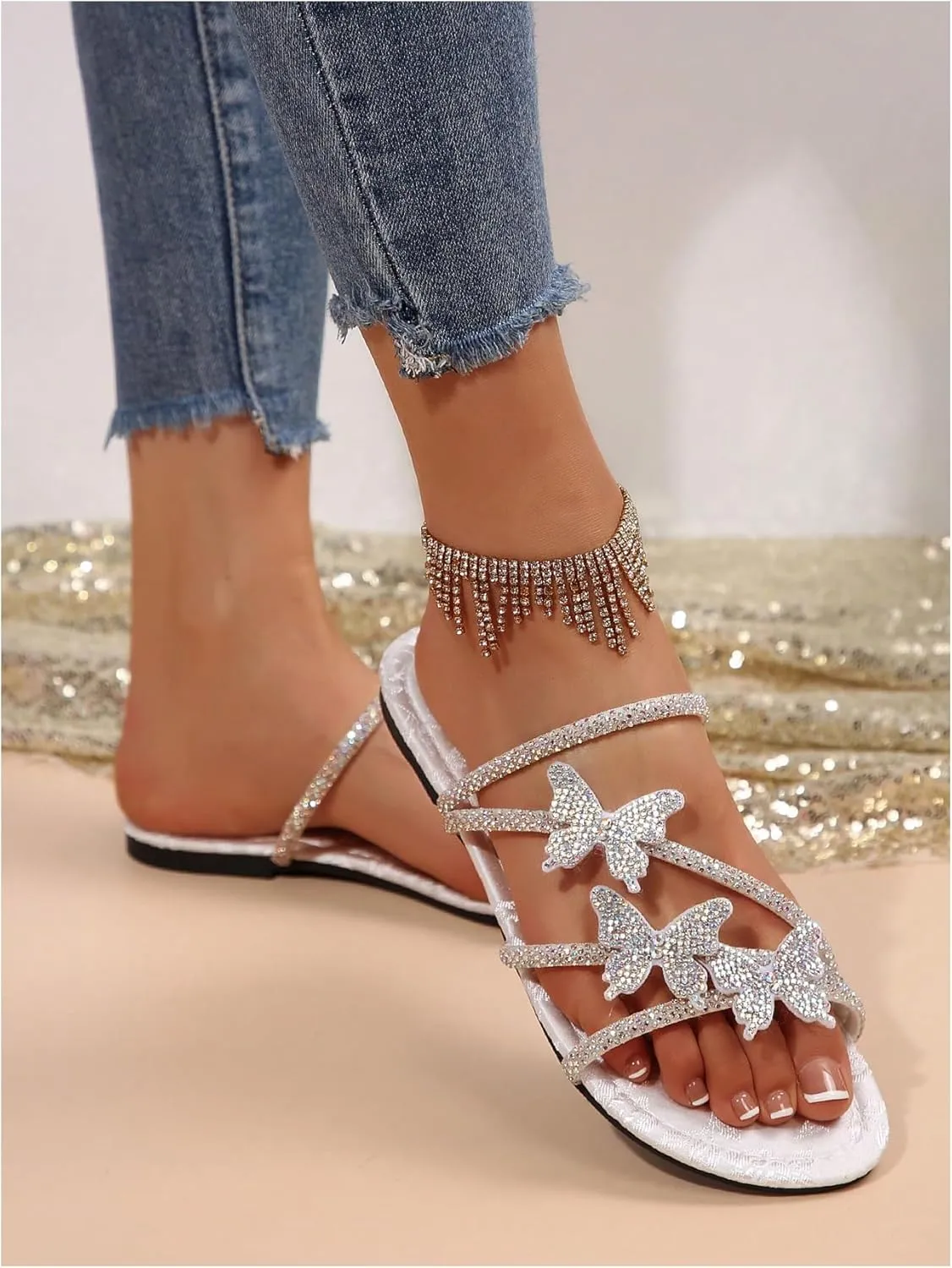 GORGLITTER Women's Butterfly Sandals Dressy Cute Strappy Glitter Rhinestone Open Toe Slides Wedding Bridal Flats Sandal
