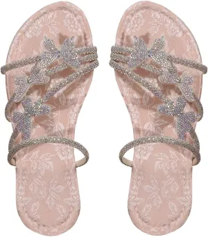 GORGLITTER Women's Butterfly Sandals Dressy Cute Strappy Glitter Rhinestone Open Toe Slides Wedding Bridal Flats Sandal