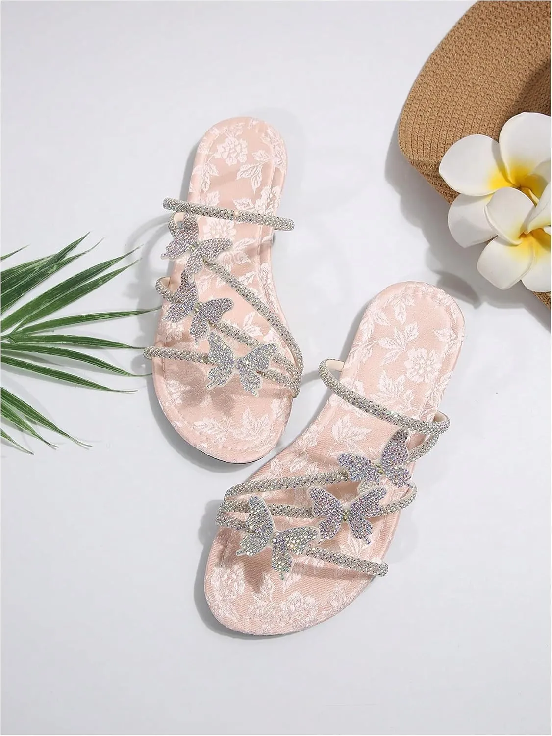 GORGLITTER Women's Butterfly Sandals Dressy Cute Strappy Glitter Rhinestone Open Toe Slides Wedding Bridal Flats Sandal